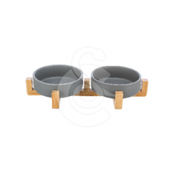 Gamelle Trixie double bol en céramique sur support en bois